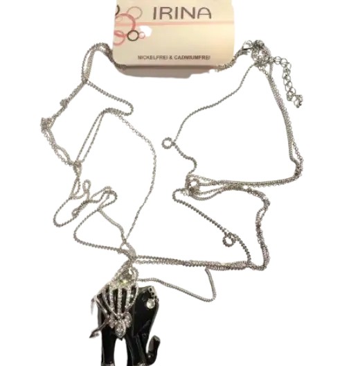 Double-strand silver chain necklace with a black onyx elephant pendant and sparkling stones.