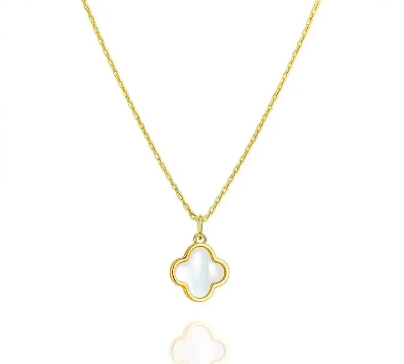 14k Gold-Plated Stainless Steel Necklace, White Clover NST2220