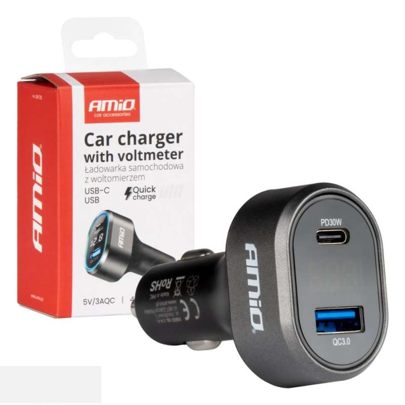 Fast Car Charger With Voltmeter 48w PD30W QC3.0 USB A USB C Amio 04178