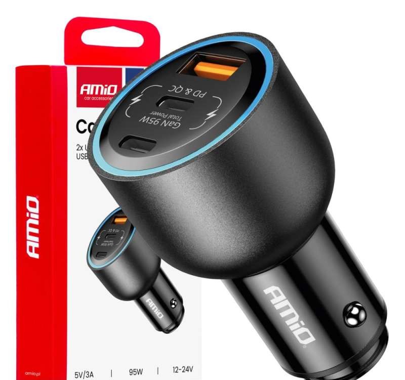 Car charger 2x usb c usb a 12v 24v 95w amio 04372