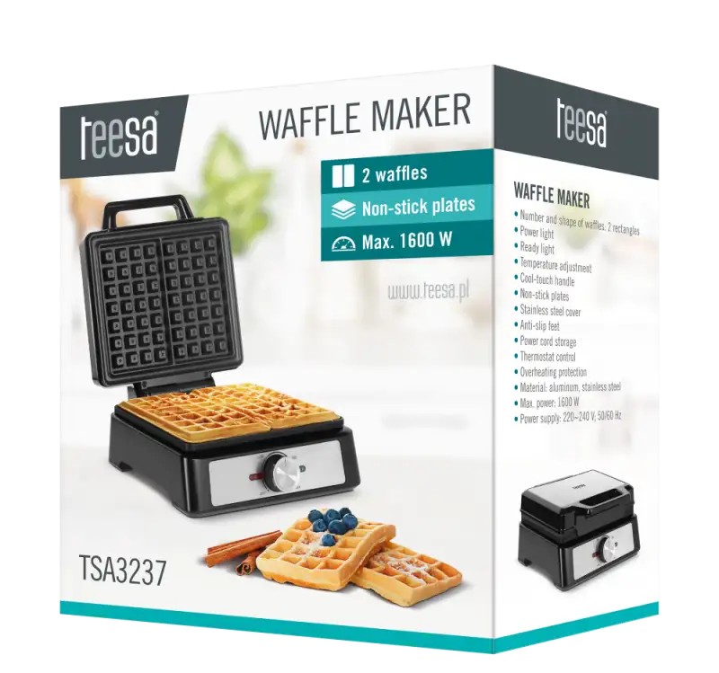 TEESA waffle iron. 2 waffles. 1600W. stainless steel. Power regulation