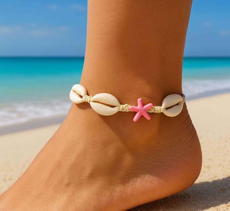 2-in-1 bracelet for foot and hand, on a string, SHELLS and STARFISH B543R