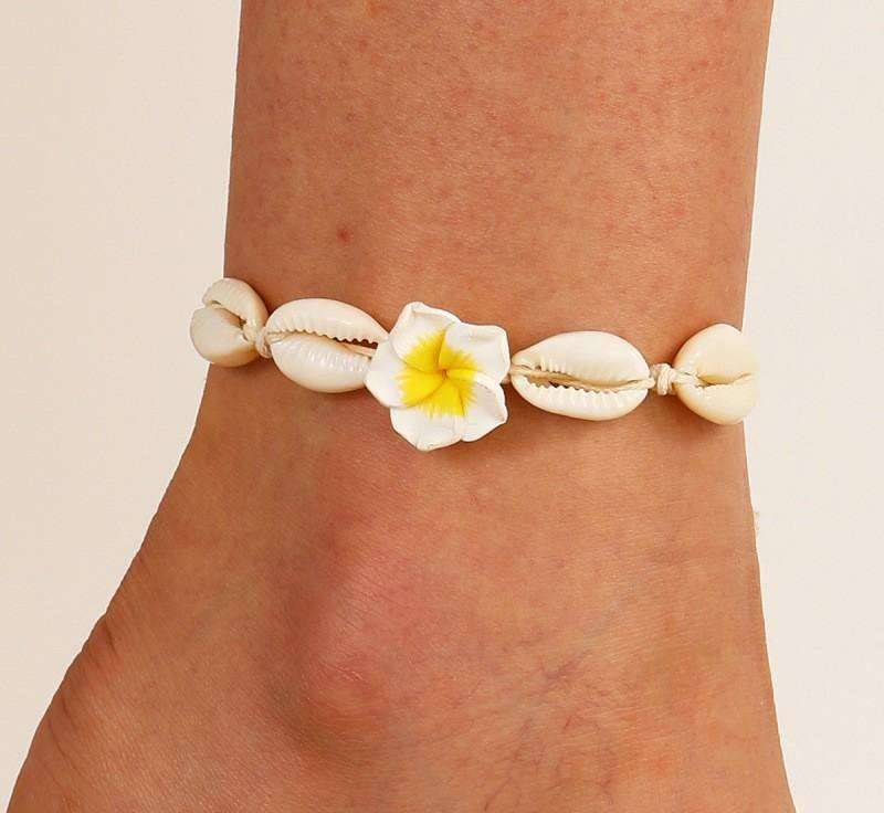 2-in-1 bracelet for foot and hand, on a string, SHELLS and HAWAIIAN FLOWER B542ZO