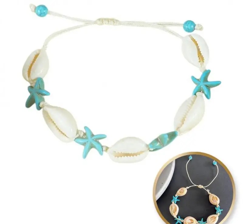 2-in-1 bracelet for foot and hand on a string, SHELLS and STARFISH B543N