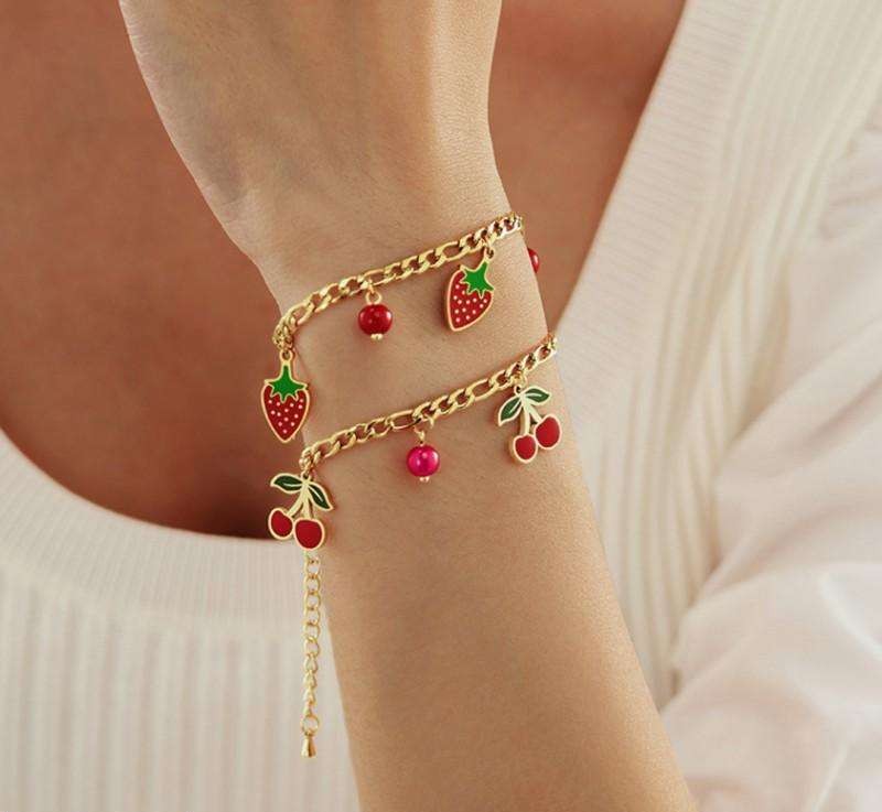 Bracelet for hand surgical steel gold plated with 14k gold, CHERRIES red BST1520