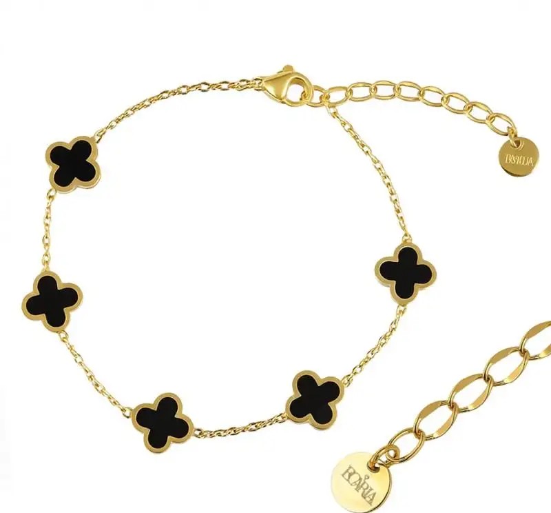 14k gold-plated surgical steel bracelet, black, clovers BST1570