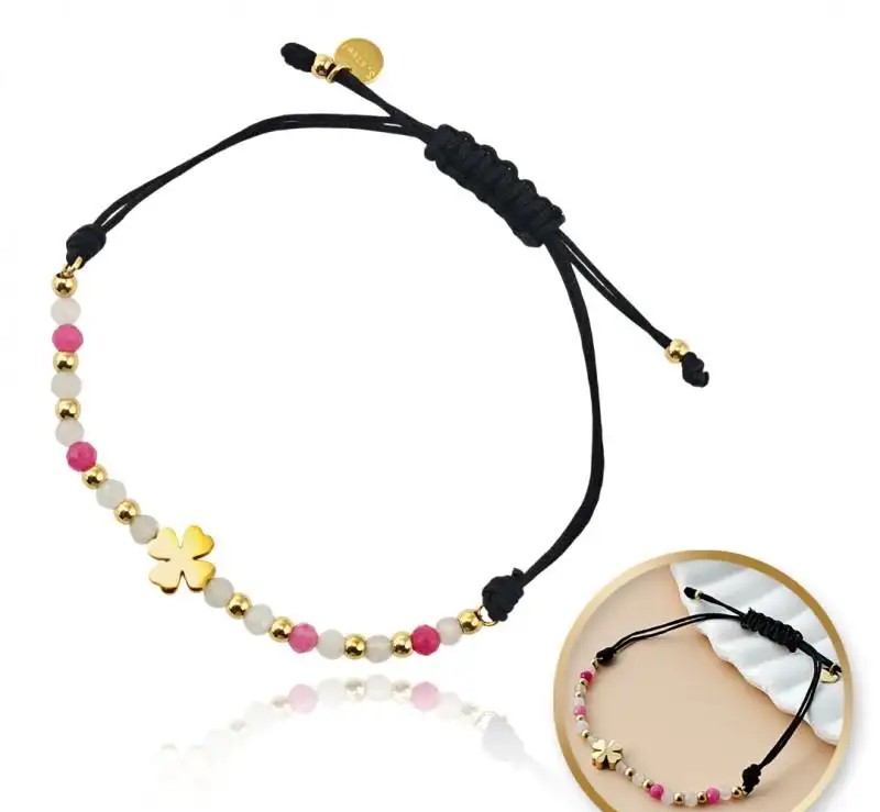 14k gold-plated surgical steel bracelet, clover on a black string - BST1548