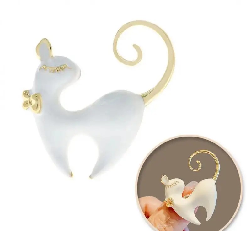 Decorative brooch enameled white cat BZ206
