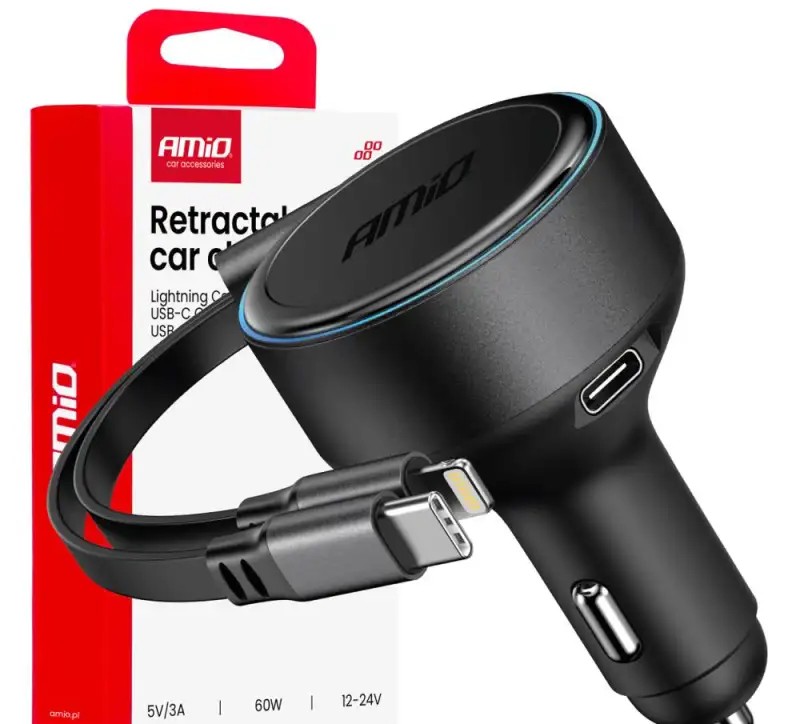 Car Charger With Retractable Cable Type C Lightning iPhone USB C 12V 24V 60W Amio 04370