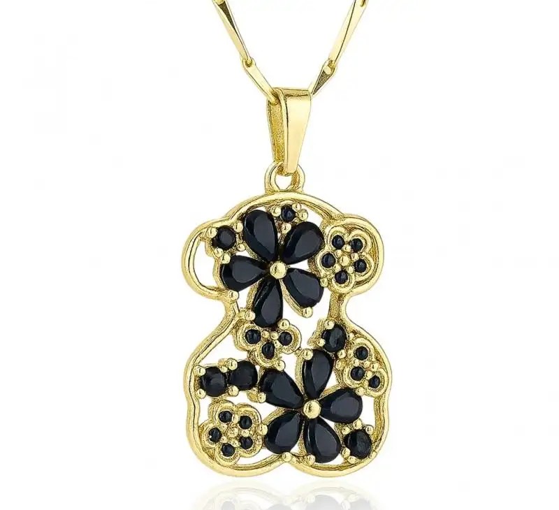 14k gold-plated stainless steel necklace, teddy bear with black cubic zirconia NST2231