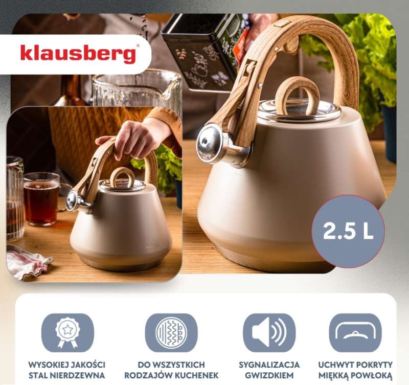 Steel kettle with whistle 2.5 l beige. induction. Klausberg KB 7950