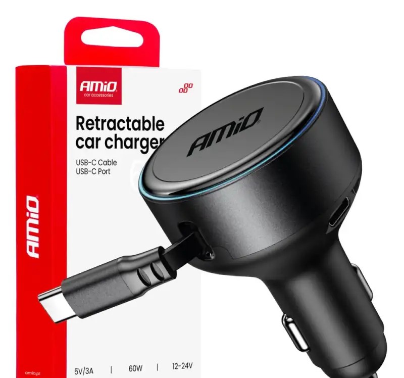 Car Charger With Coiled Cable Type-C usb c 12v 24v 60w amio 04368