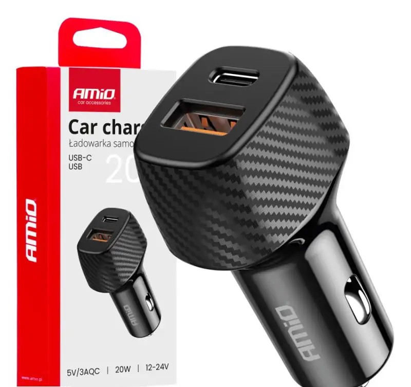 Car charger qc pd 20W USB A USB C AMIO 04282