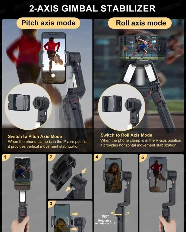 2-AXIS GIMBAL STABILIZER + SELFIE STICK WITH REMOVABLE FILL LIGHT A10, SKU: 6034 (Stock in Poland)
