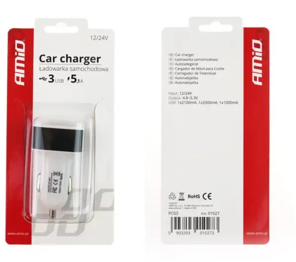Car charger 3x usb white pch 03 amio 01027