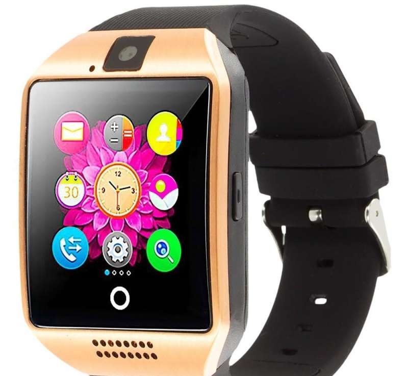 AlphaOne Smartwatch with Curved Display, Hungarian Menu, Gold and Black Color, Model Q18. Features: SIM card slot, camera.