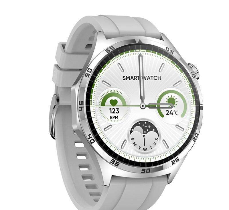 Laxasfit GT4 Pro silver smartwatch with a gray silicone strap and Hungarian menu.