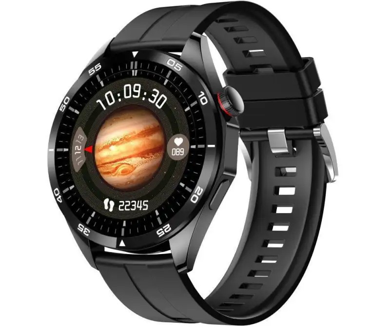 Laxasfit GT4 Pro smartwatch, black color, with a black silicone strap, and featuring a Hungarian language menu.