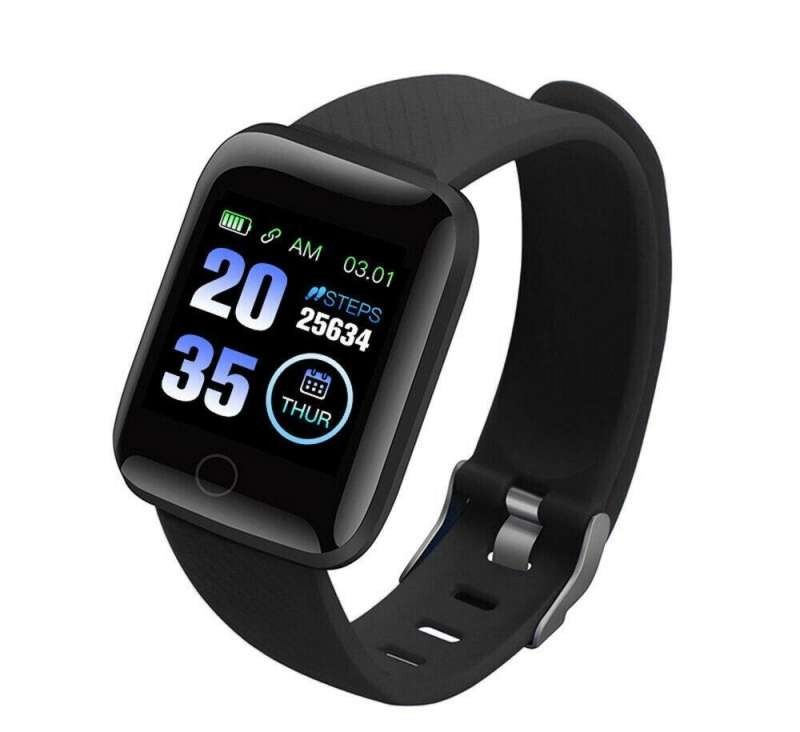 ID116 Plus Black Smart Bracelet - Free Shipping! Includes: Hungarian-language phone app, activity tracker, and camera.