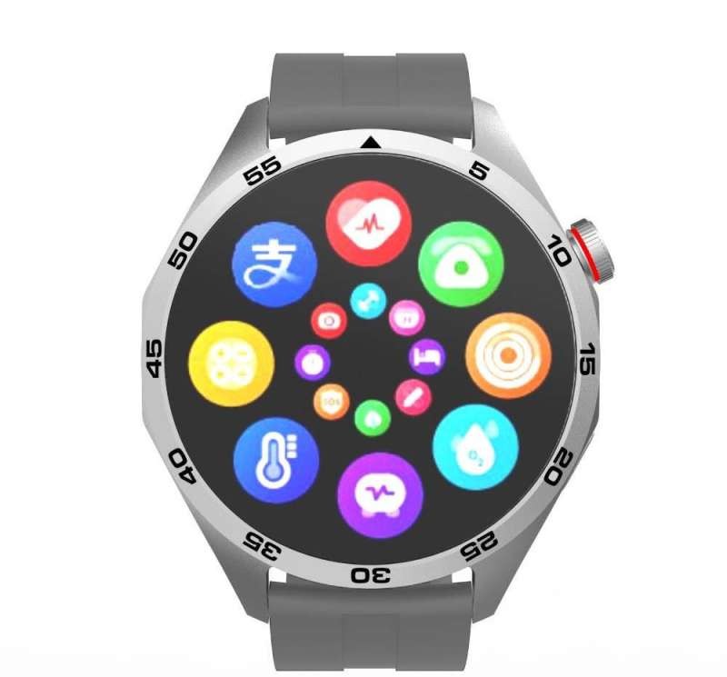 Laxasfit GT4 Smartwatch, silver color with a gray silicone strap. Features include: heart rate monitoring, blood pressure measurement, and blood oxygen level measurement.