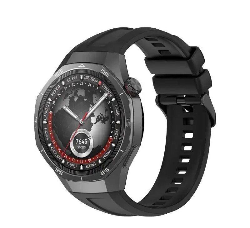Laxasfit GT5 Pro Smartwatch, black, with Hungarian menu. Features include: heart rate monitoring, sleep tracking, weather information, and blood oxygen level monitoring.