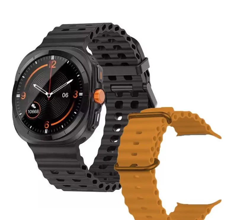 A25 Ultra Smartwatch, black dial, with orange and black silicone strap.