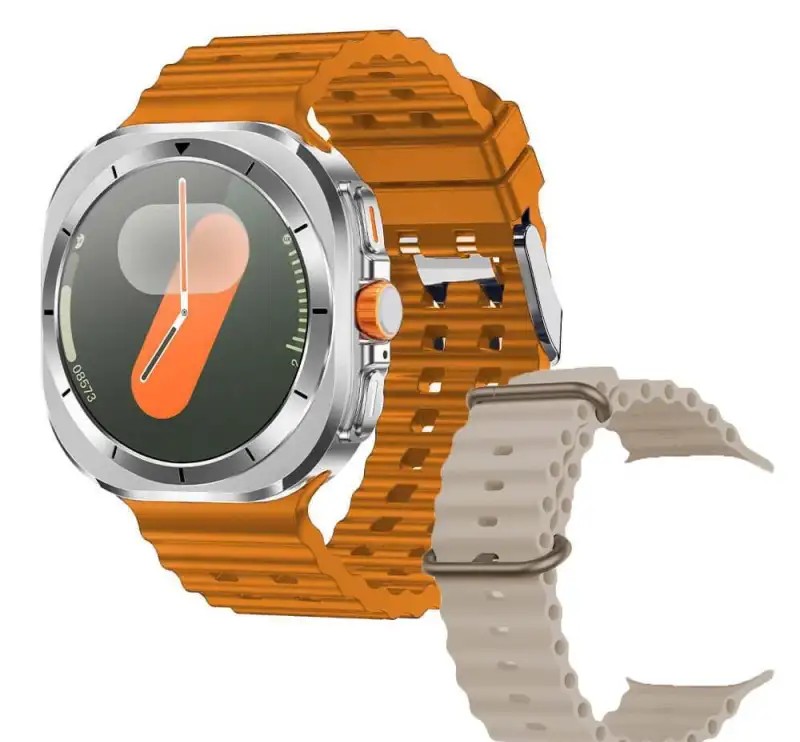 A25 ULTRA Smartwatch, silver dial, with beige and orange silicone strap.