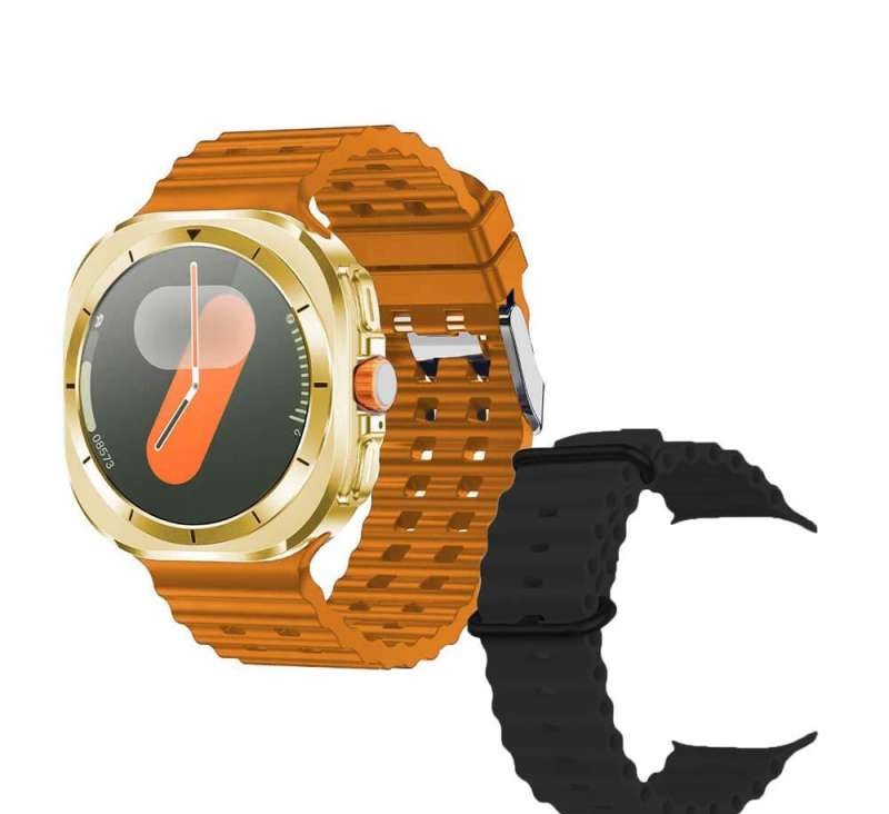 A25 ULTRA Smartwatch, gold dial, with orange and black silicone strap.
