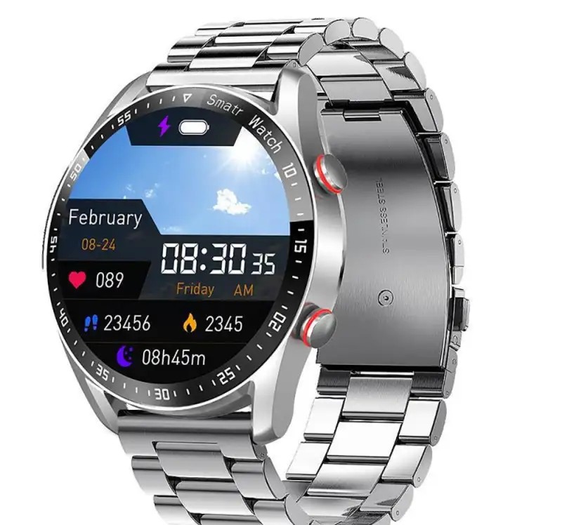 Longers Smartwatch with silver stainless steel strap.