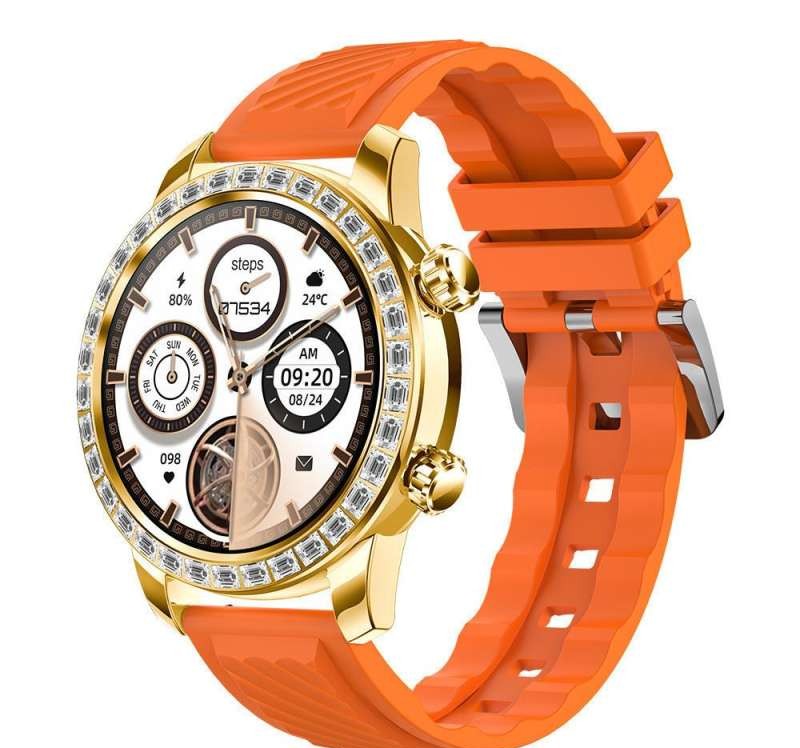 ChronoLux Smartwatch, gold color, with orange silicone and brown leather straps.