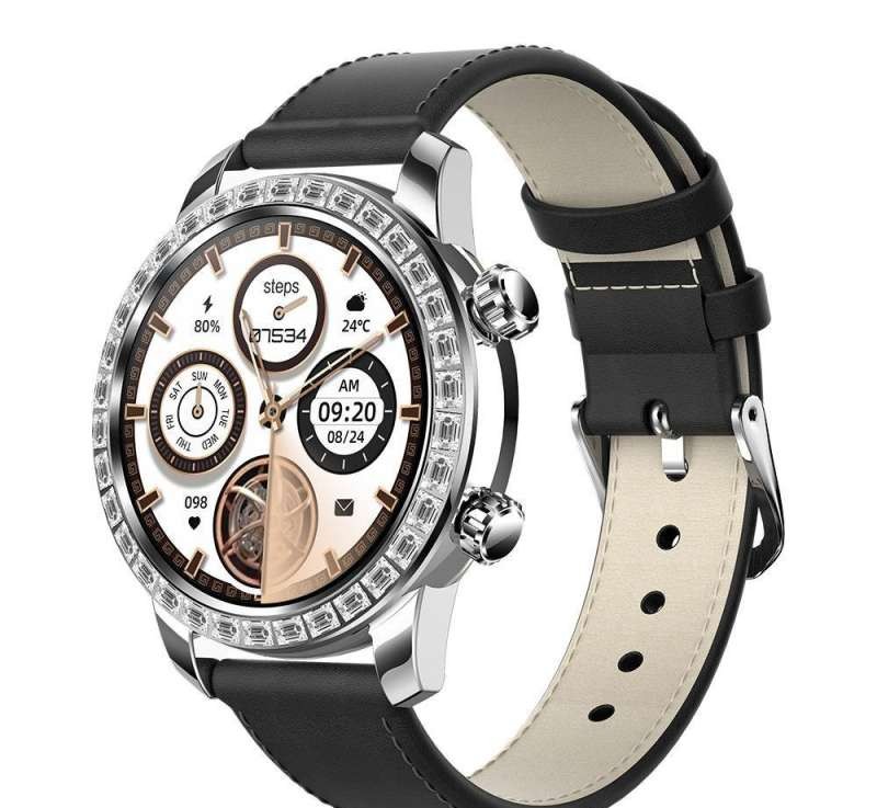 ChronoLux Smartwatch, silver color, with a black silicone and leather strap.