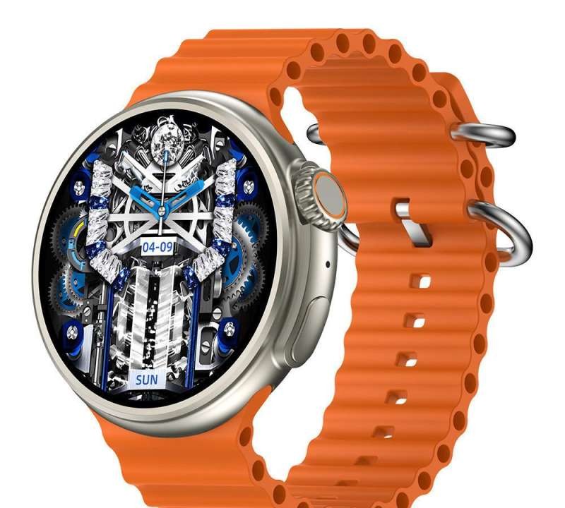 ChronoFlex Smartwatch, Orange. Features a round HD display and advanced health monitoring functions.