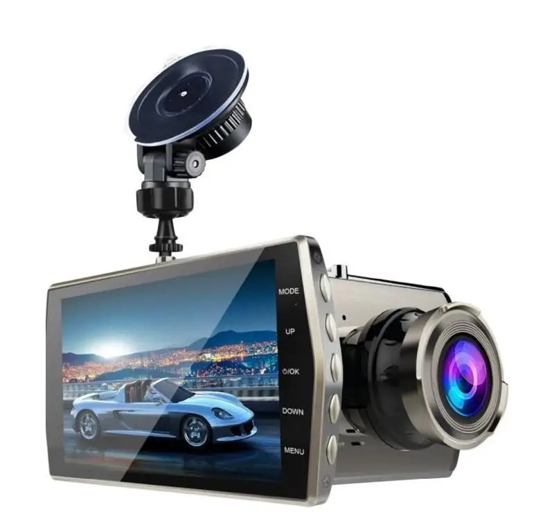 Dash cam with dual lenses and HD display.