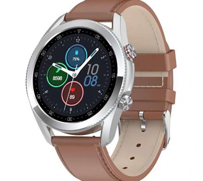 AMP silver smartwatch with a brown strap.