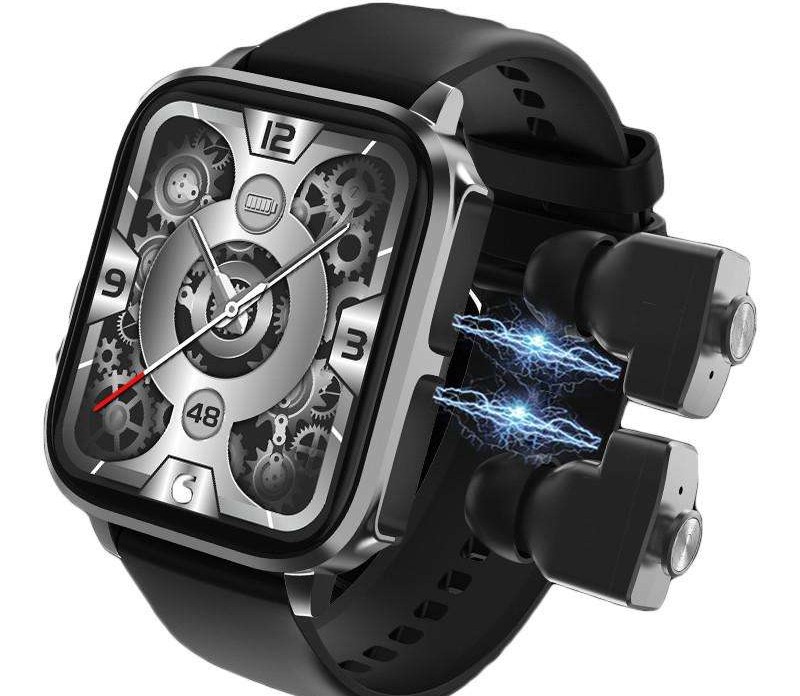 T22 black smartwatch with built-in Bluetooth headphones.