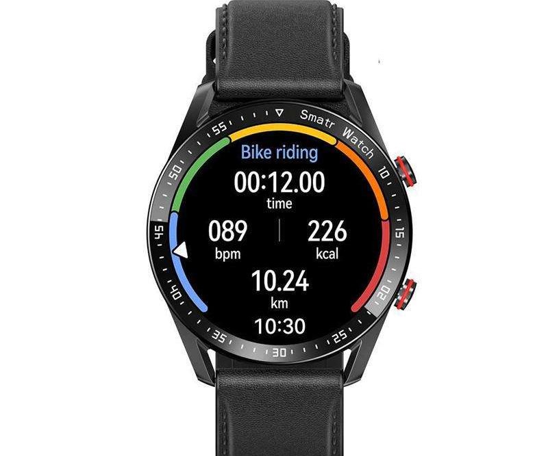 HW20 Smartwatch with black leather strap.