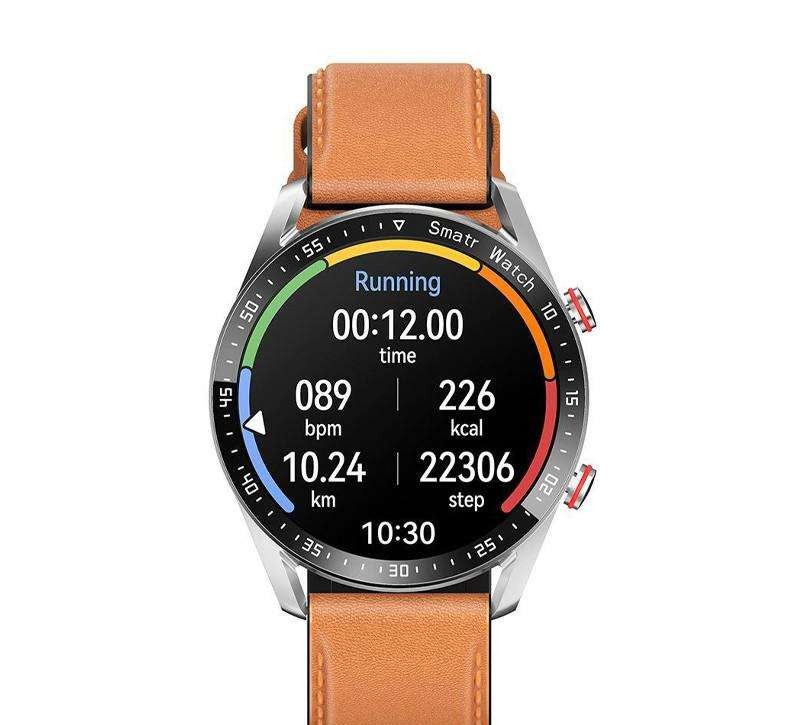 HW20 Smartwatch with brown leather strap.