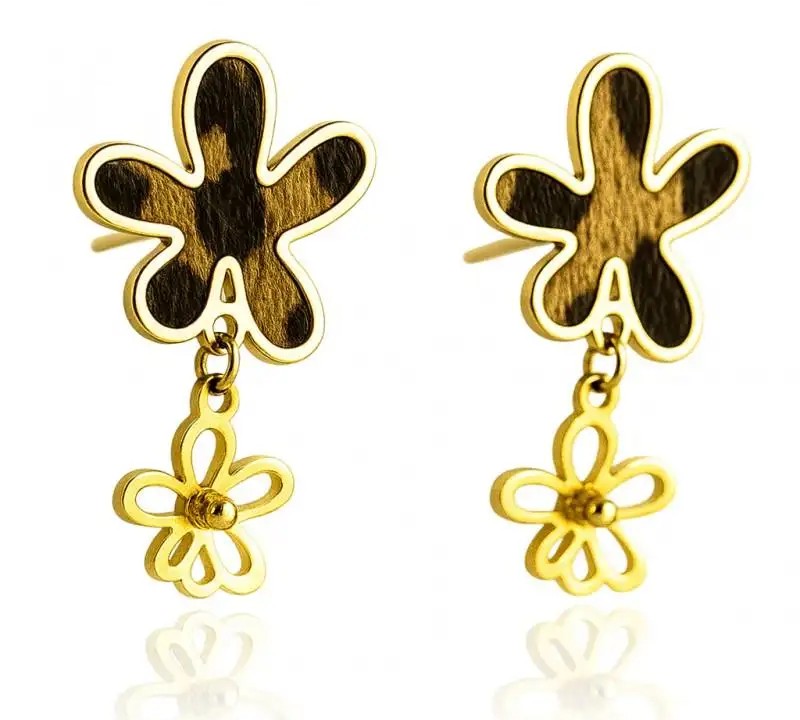 14k gold-plated stainless steel earrings, leopard and flowers KST3445