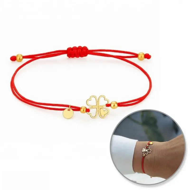 Gold-plated surgical steel CLOVER bracelet, red on a string BST1553