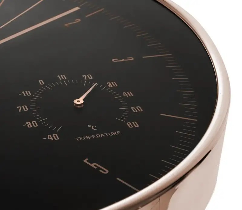Gold-colored wall clock, 12 inches (30 cm) in diameter, with a thermometer and hygrometer. Model: CE70 G.