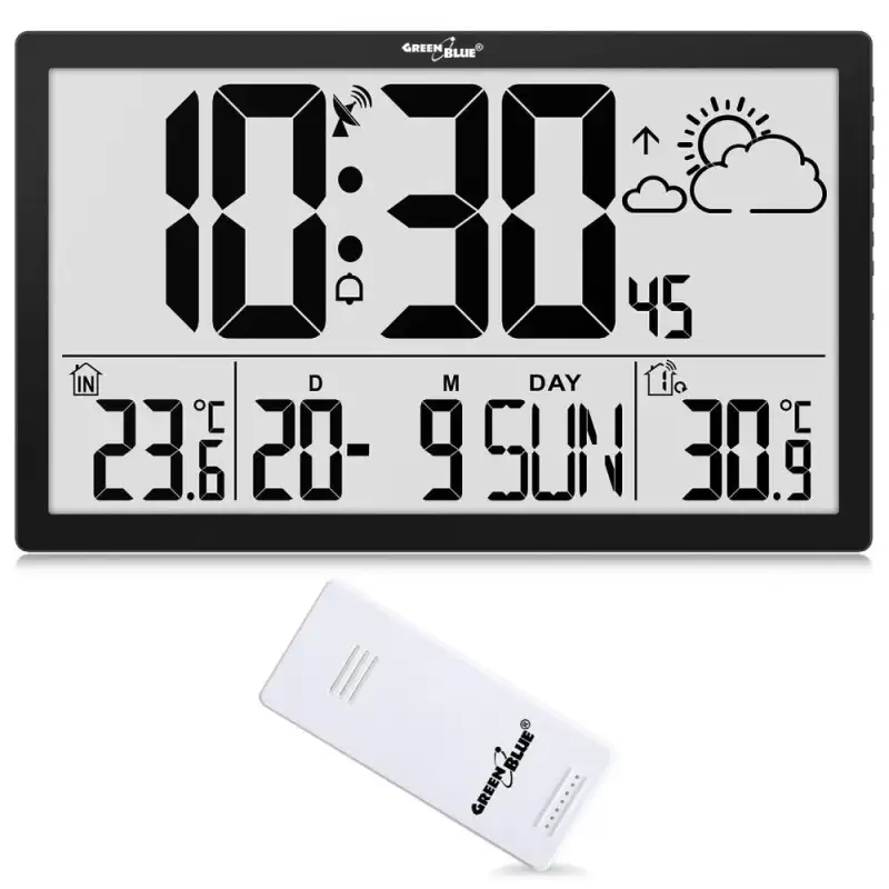 Large LCD wall clock, GreenBlue. Displays temperature and date. Model: GB218.