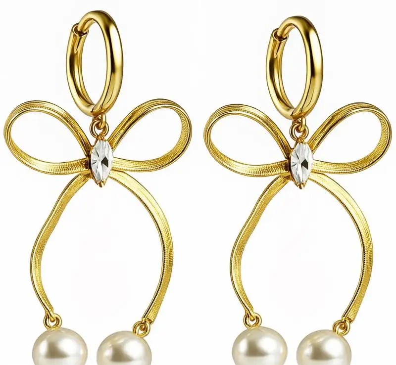 14k gold-plated stainless steel earrings, dangling bows with pearls KST3453