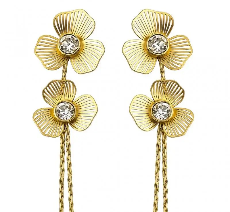 14k gold-plated stainless steel earrings with zircons hanging flowers KST3451