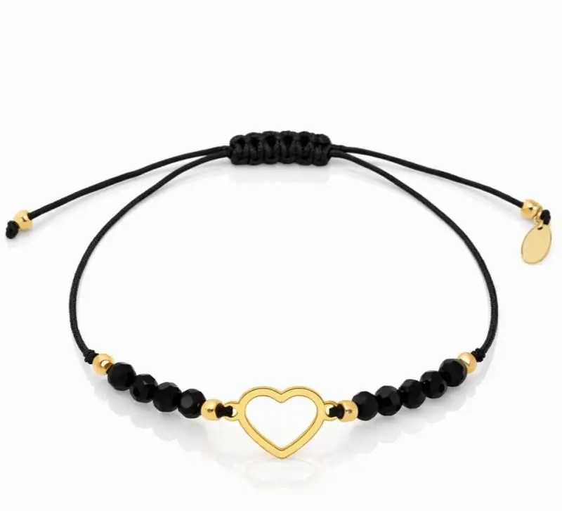 Gold-plated surgical steel HEART bracelet, black on a string BST1601