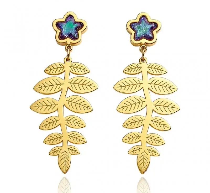 14k Gold Plated Stainless Steel Earrings, Hanging Leaves Flower KST3450