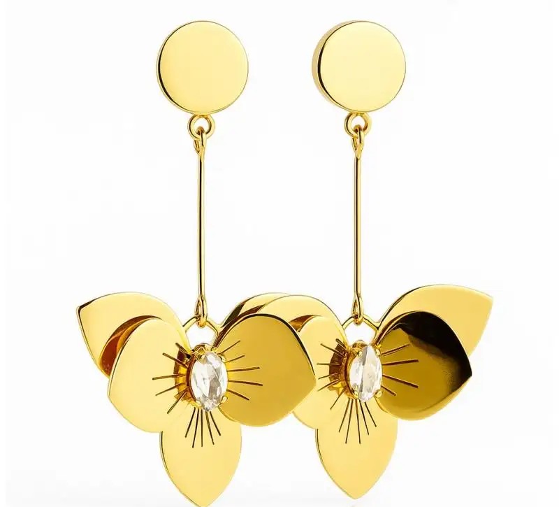 14k gold-plated stainless steel earrings with cubic zirconia hanging flowers KST3454