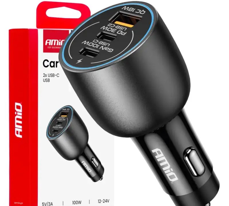 Car Charger 2x usb c usb a 12v 24v 100w amio 04371