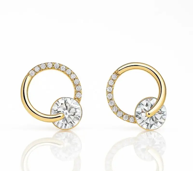 14k gold-plated stainless steel earrings, cubic zirconia, stud hoops KST3471