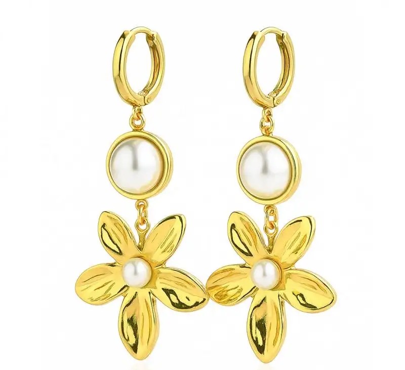 14k gold-plated stainless steel earrings, hanging flowers with pearl KST3440