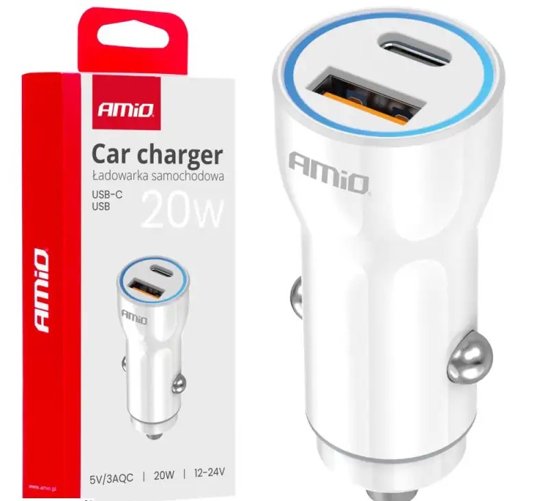 Car charger usb a usb c 20w amio 03881